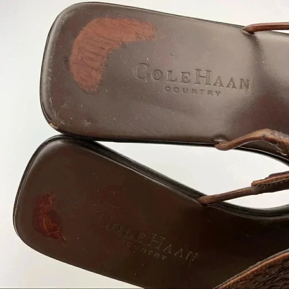 Cole Haan sandals size 6.5 brown leather woven flip flops square toe vintage 90s